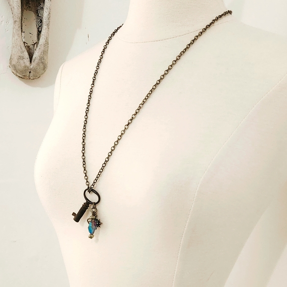 Bronze Antique Key Charm Necklace, Authentic Key, - Picture 3 of 5